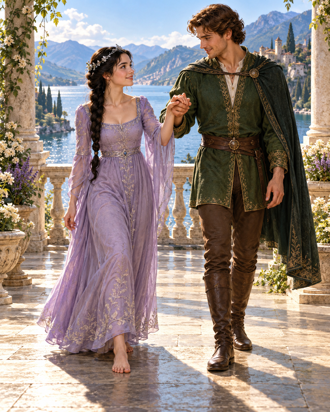Princess taking one careful barefoot step on pale palace terrace, gripping prince’s offered hand, full lake beyond, both standing firmly on ground.
