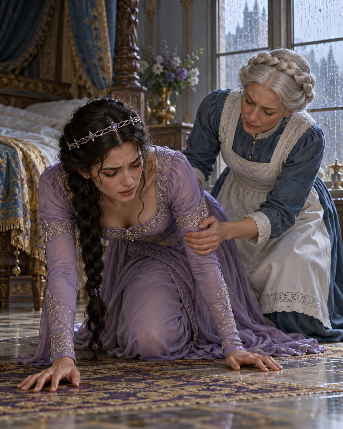 Princess trying to stand beside nurse, one knee on floor; rain-bright window, no prince in frame.