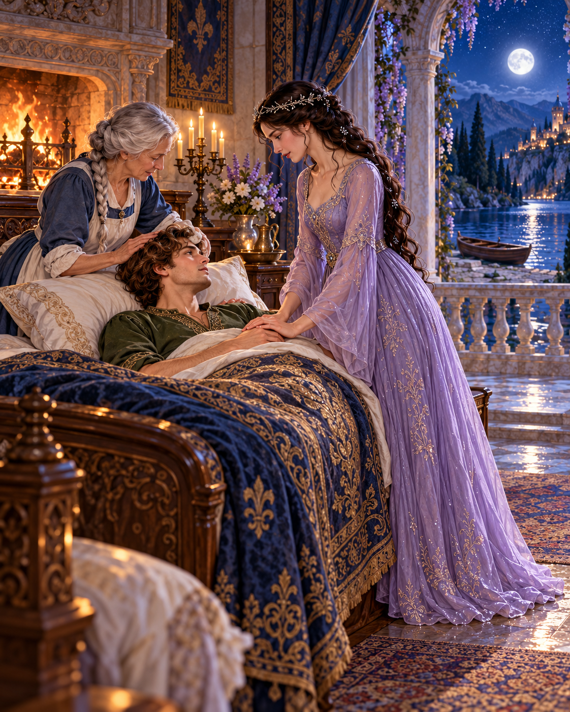 Nurse tending prince under blanket on palace bed; princess at bedside in wet dress, fire nearby.
