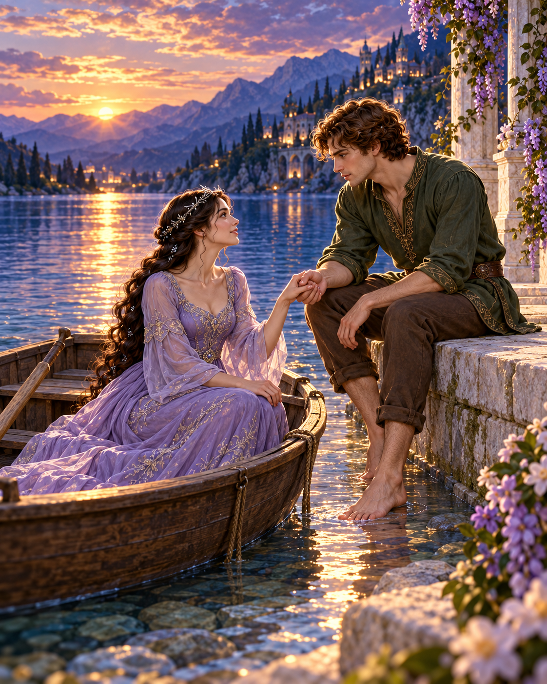 Prince seated at edge of stone opening, princess in grounded rowboat beside him; shallow water, sunset.