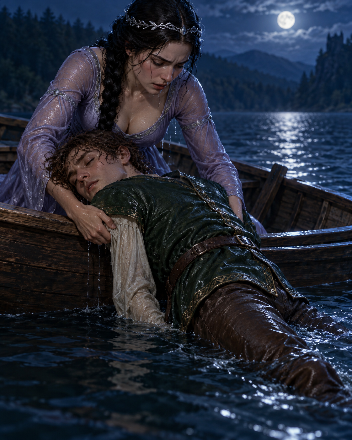 Princess bent over boat rim supporting unconscious prince across low gunwale, faces clear, water dark behind.