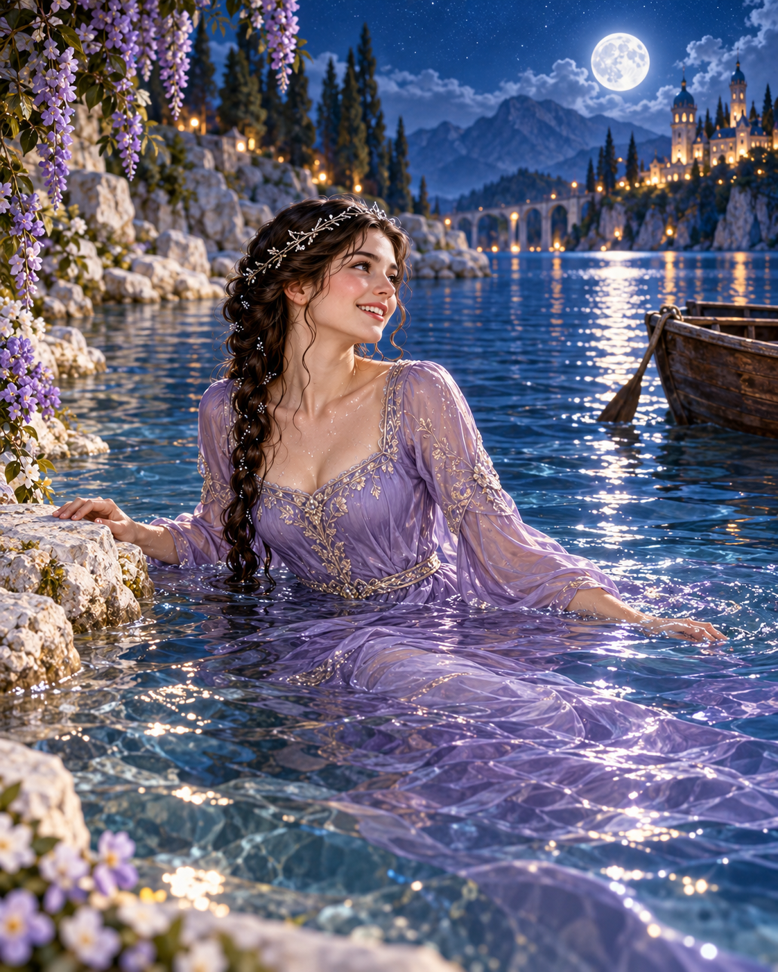 Princess swimming at lake surface beside pale stone shore, wet lavender dress, joyful, modest framing.