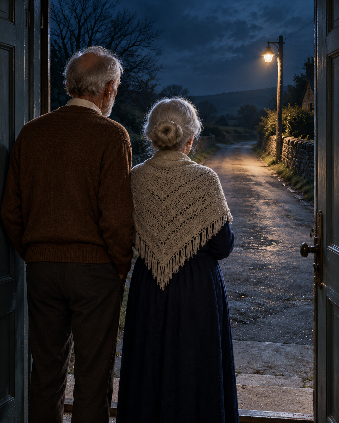 Both parents in open doorway seen from behind; empty road under solitary streetlamp, absolutely no figure outside.