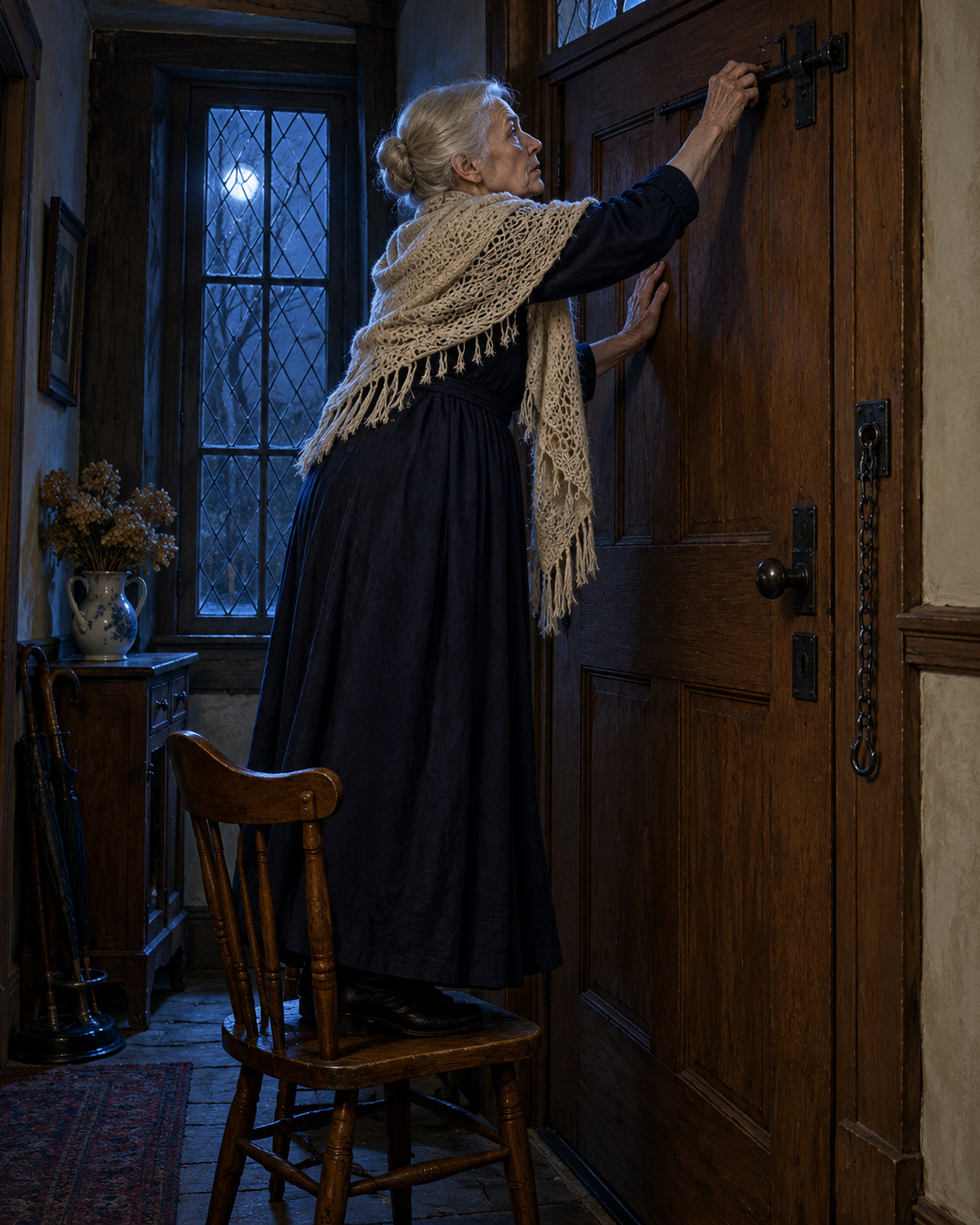 Mrs White beside chair under high bolt of closed door; lower chain hangs loose, father outside frame upstairs.