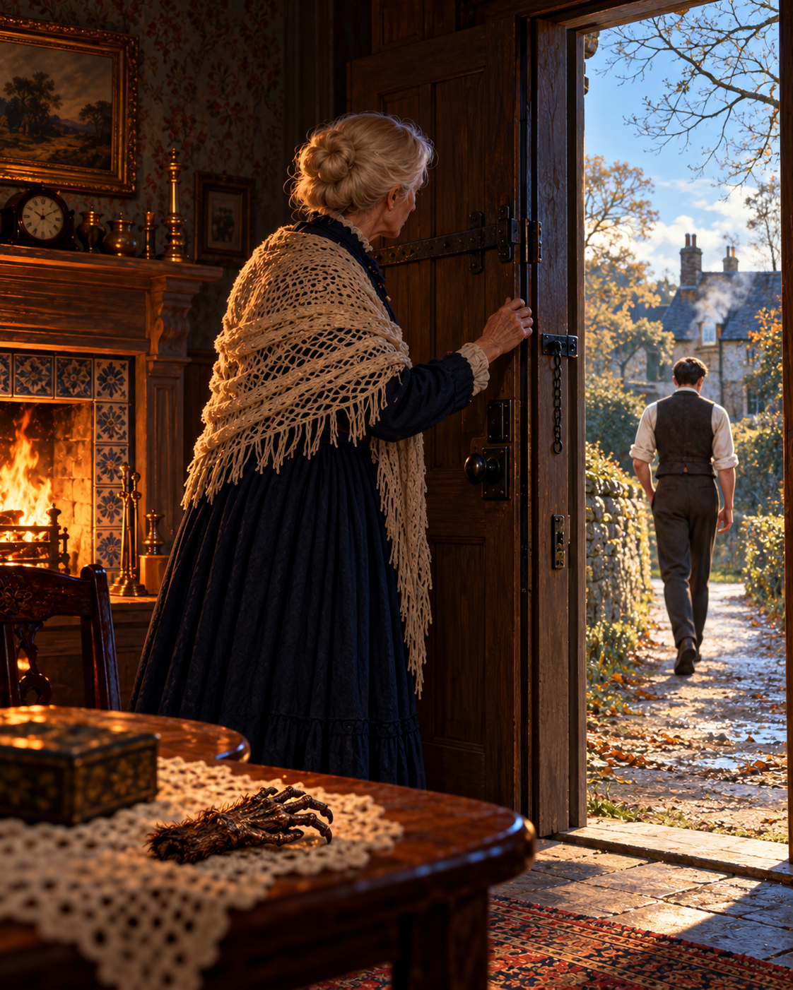 Mrs White in open doorway watching Herbert walking away down country lane in daylight.