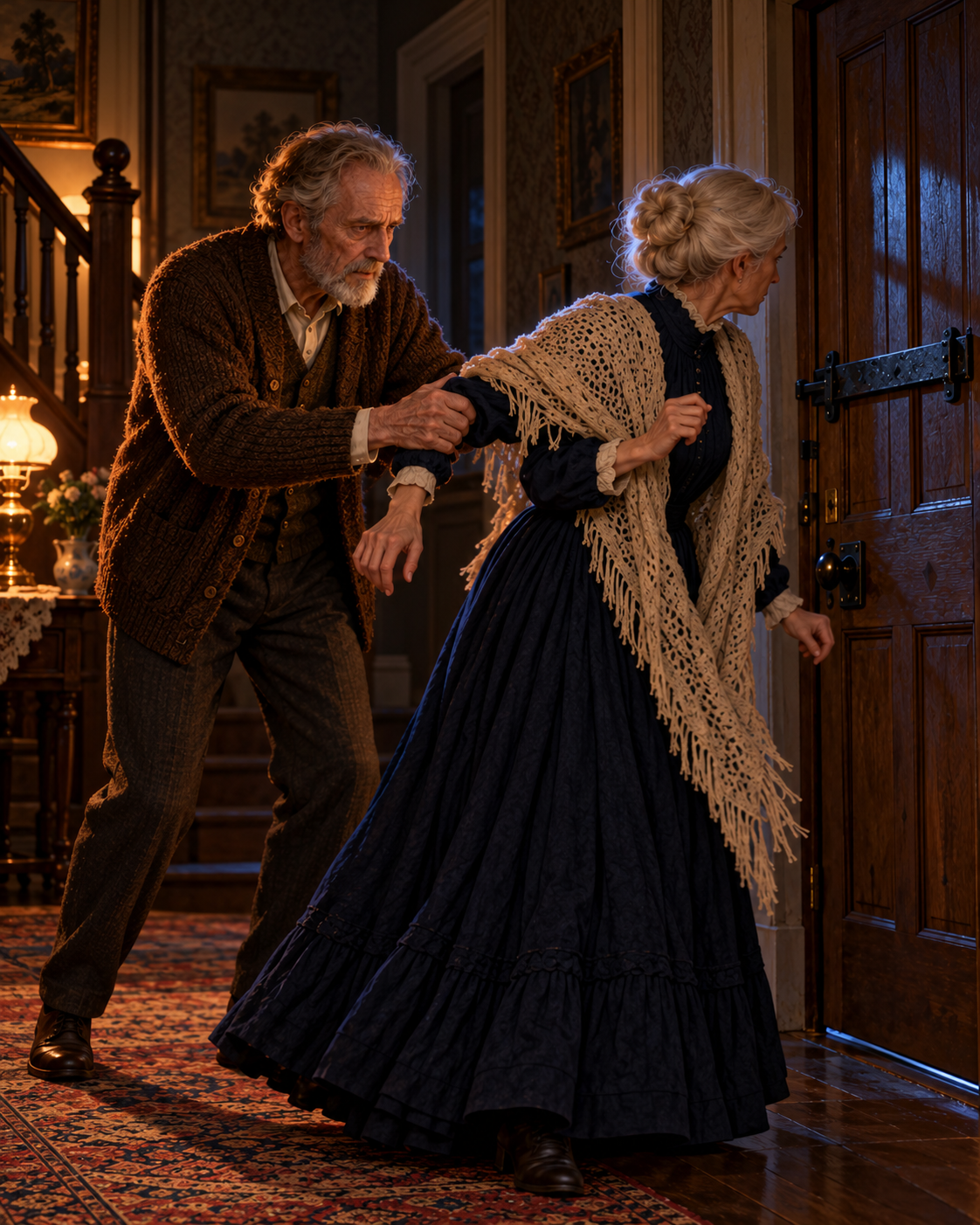 Mrs White pulling away from Mr White toward still-closed front door, staircase behind them.