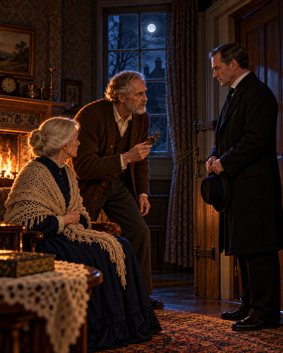 Mr White rising from chair facing messenger, Mrs White seated beside him.