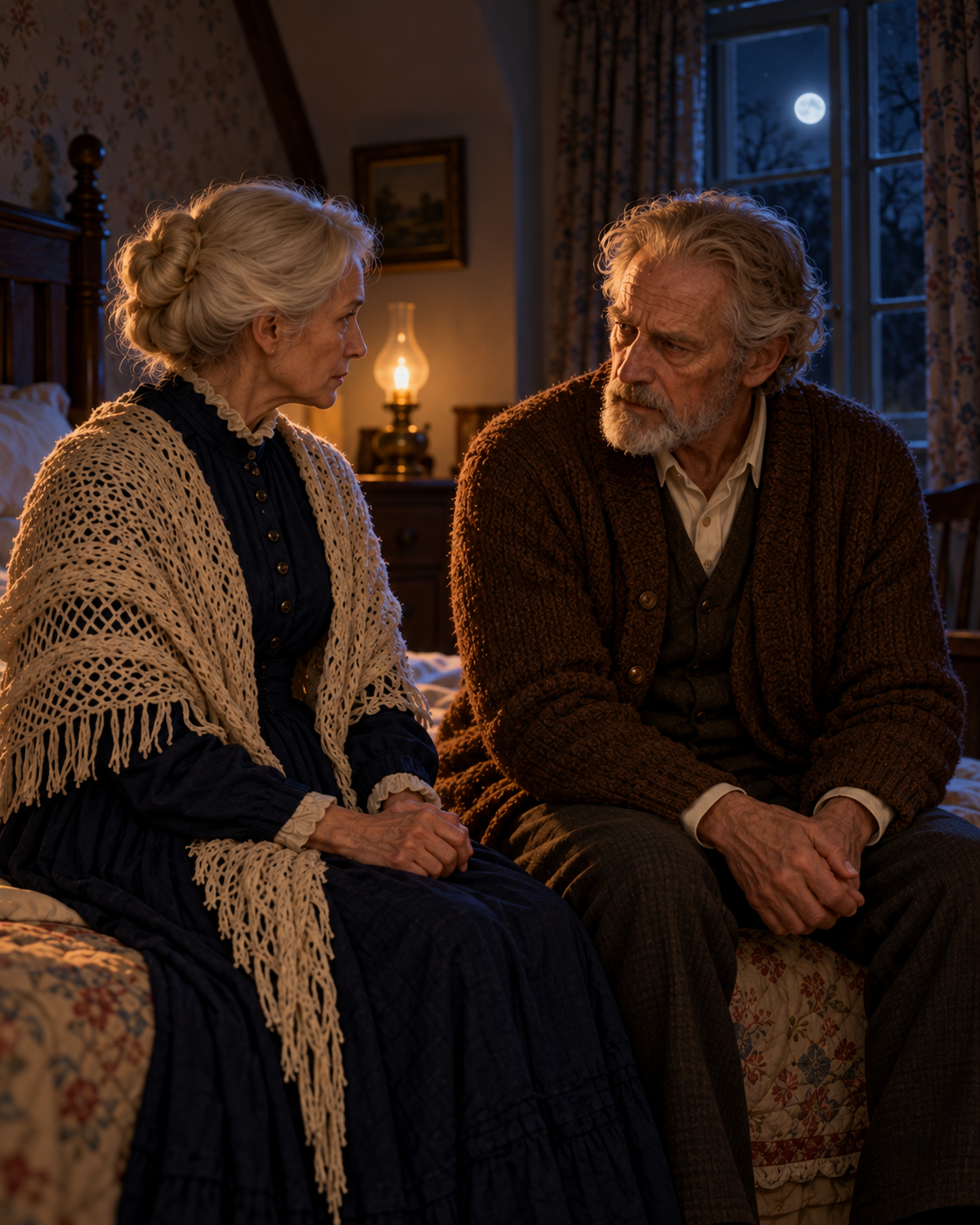 Mrs White sitting upright in dark bedroom, Mr White awake beside her.