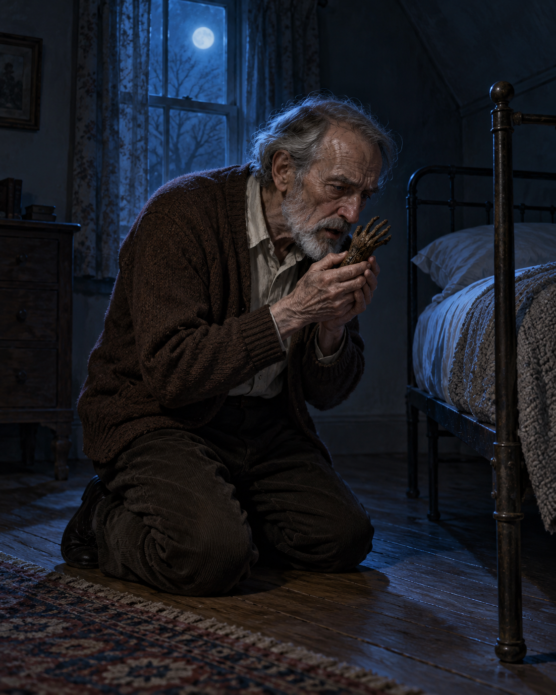 Close view Mr White kneeling on bedroom floor clutching paw, mouth near hand; door not in frame.