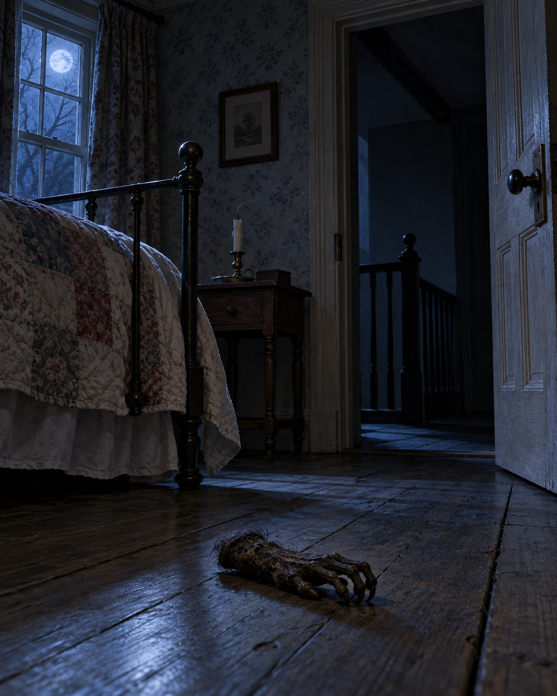 Dry brown paw on bedroom floor beside extinguished candle on low table; dark open doorway in background, no people.