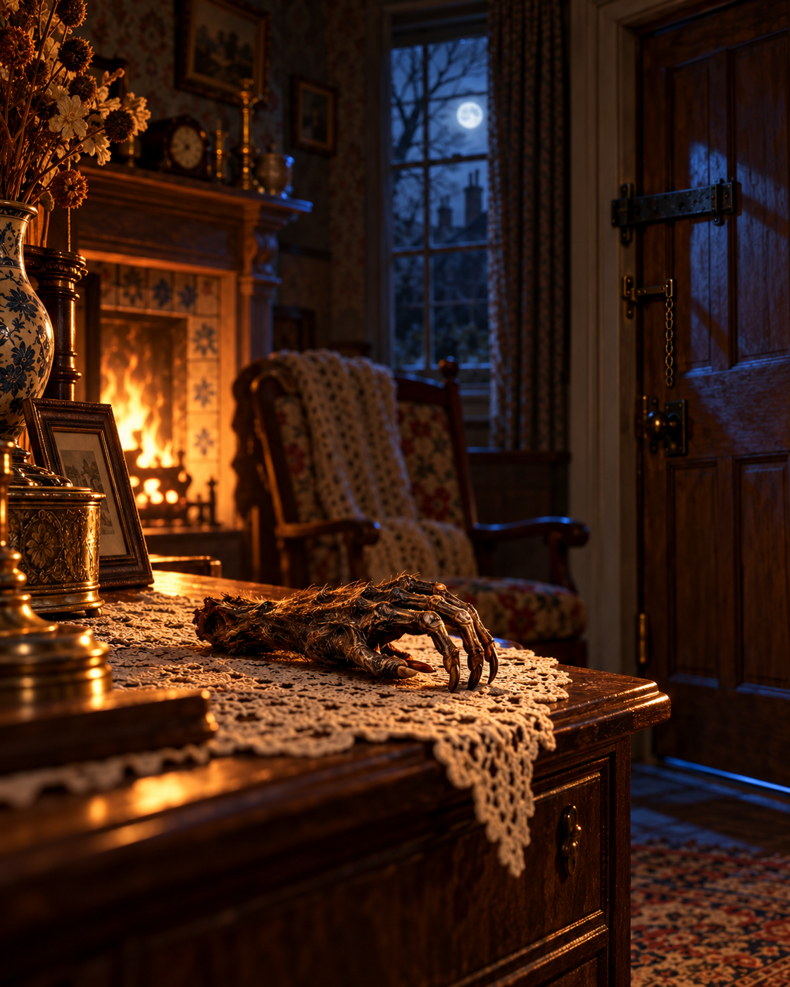 Close still life of dried paw on sideboard, empty chair blurred behind; no people.