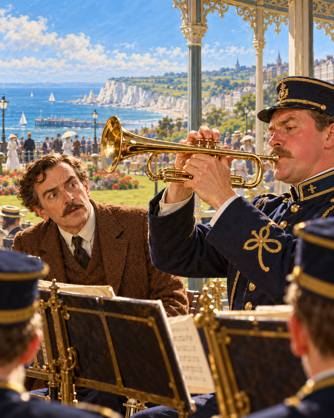 Narrator watches Trumpeter’s valve hand at nearby bandstand; avoid motion trails and duplicated fingers.