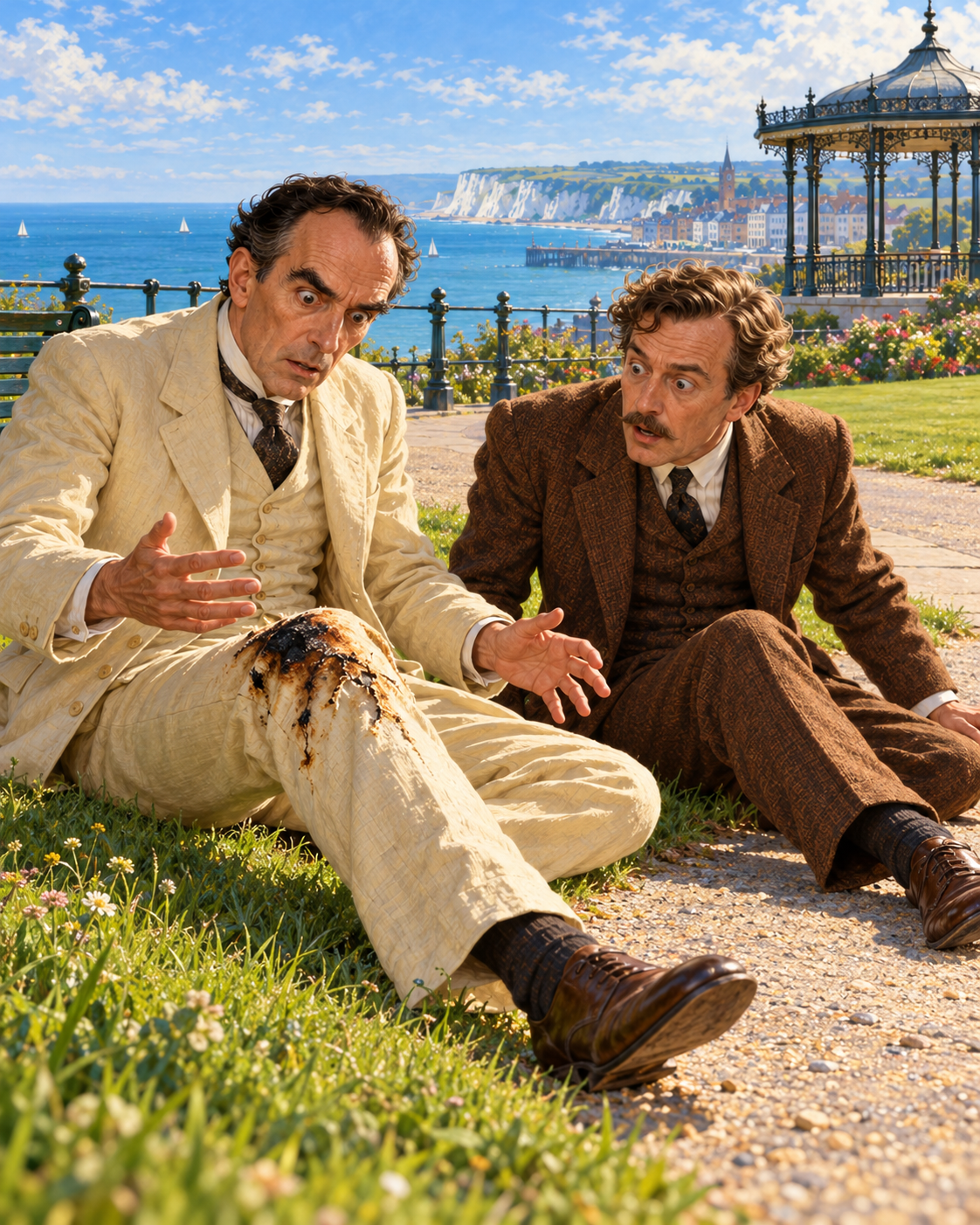 Both men seated abruptly on verge beside path, Gibberne’s trousers scorched; no extra onlookers in frame.