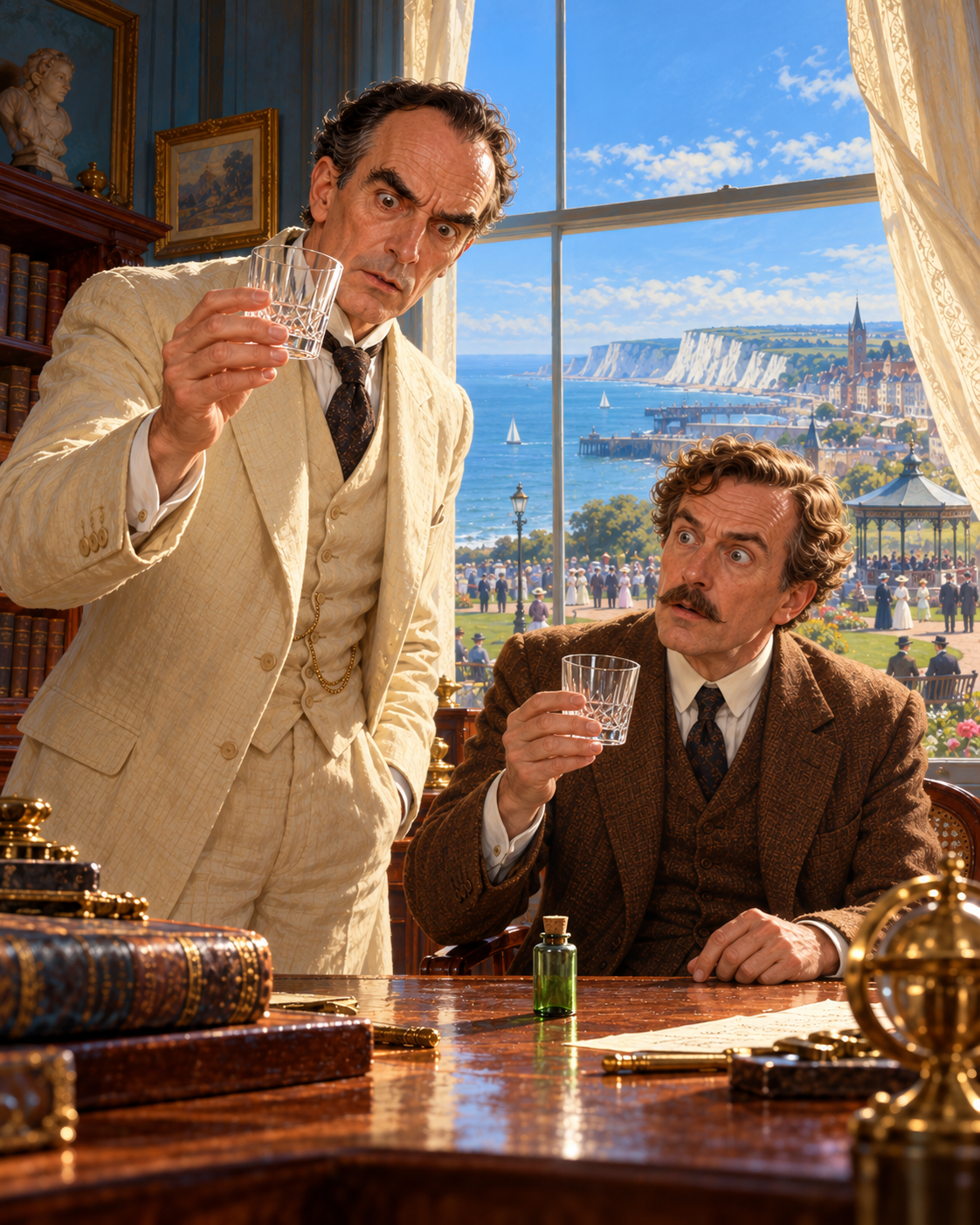 Clearly earlier moment: both men holding drinking glasses in study; small green phial on table. Neither drinking in this frame.