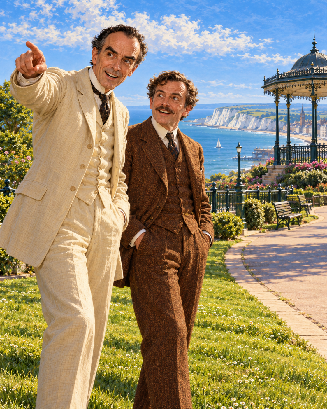 Gibberne and Narrator on grass, smiling toward promenade; empty path in tight frame rather than crowded frozen tableau.