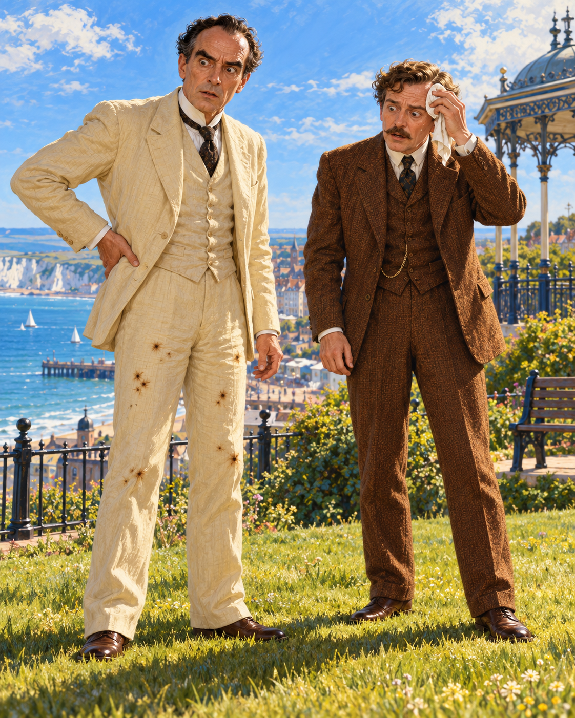 Both men standing still on grass, sweat on Narrator’s brow and Gibberne’s scorched knees visible; no meteors illustrated.