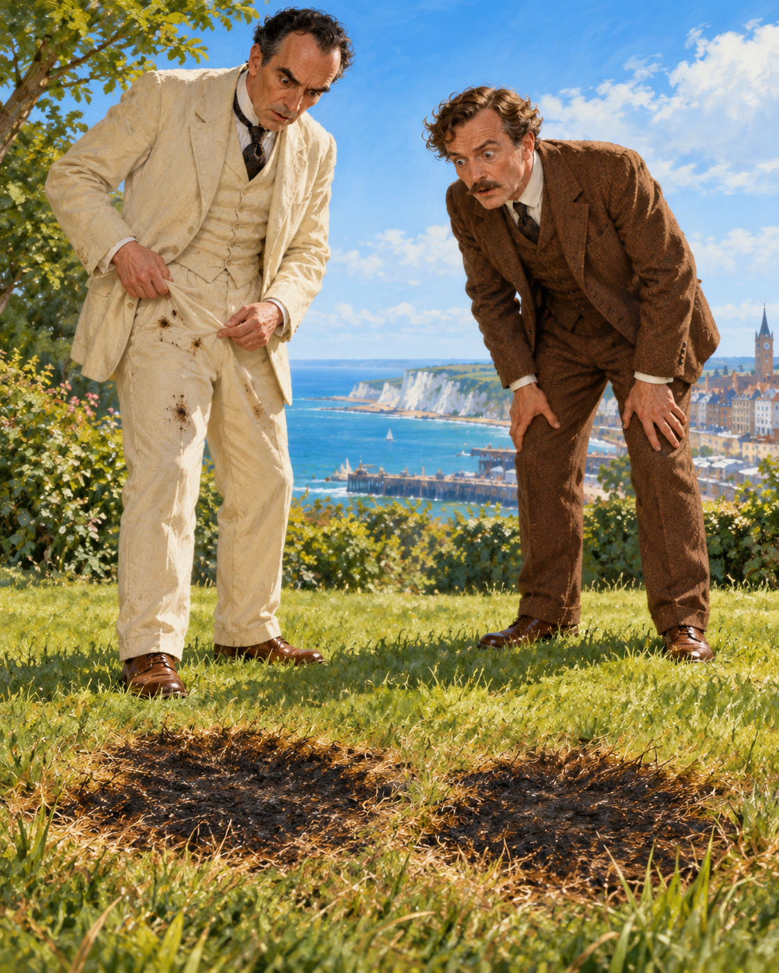 Two men standing on grass verge; two fresh dark scorch patches where they sat, Gibberne looking down at damaged cream trousers. Bandstand distant and unpeopled in frame.