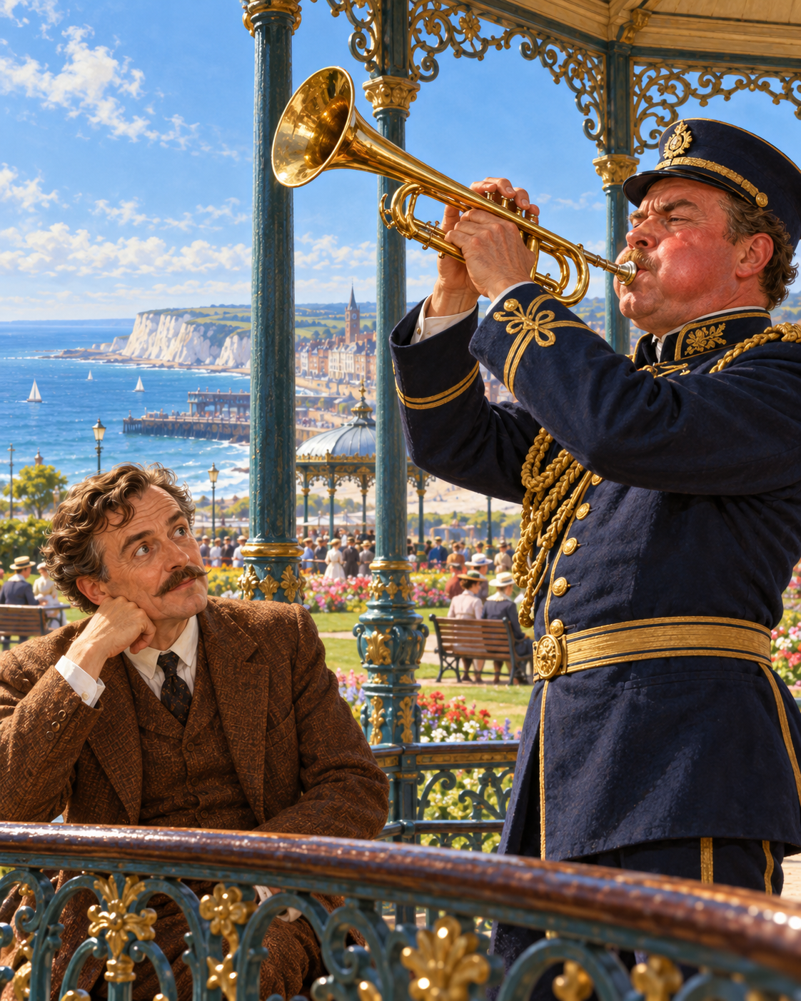 Trumpeter holding instrument at bandstand, cheeks puffed; foreground Narrator listens. Other band members kept out of frame.