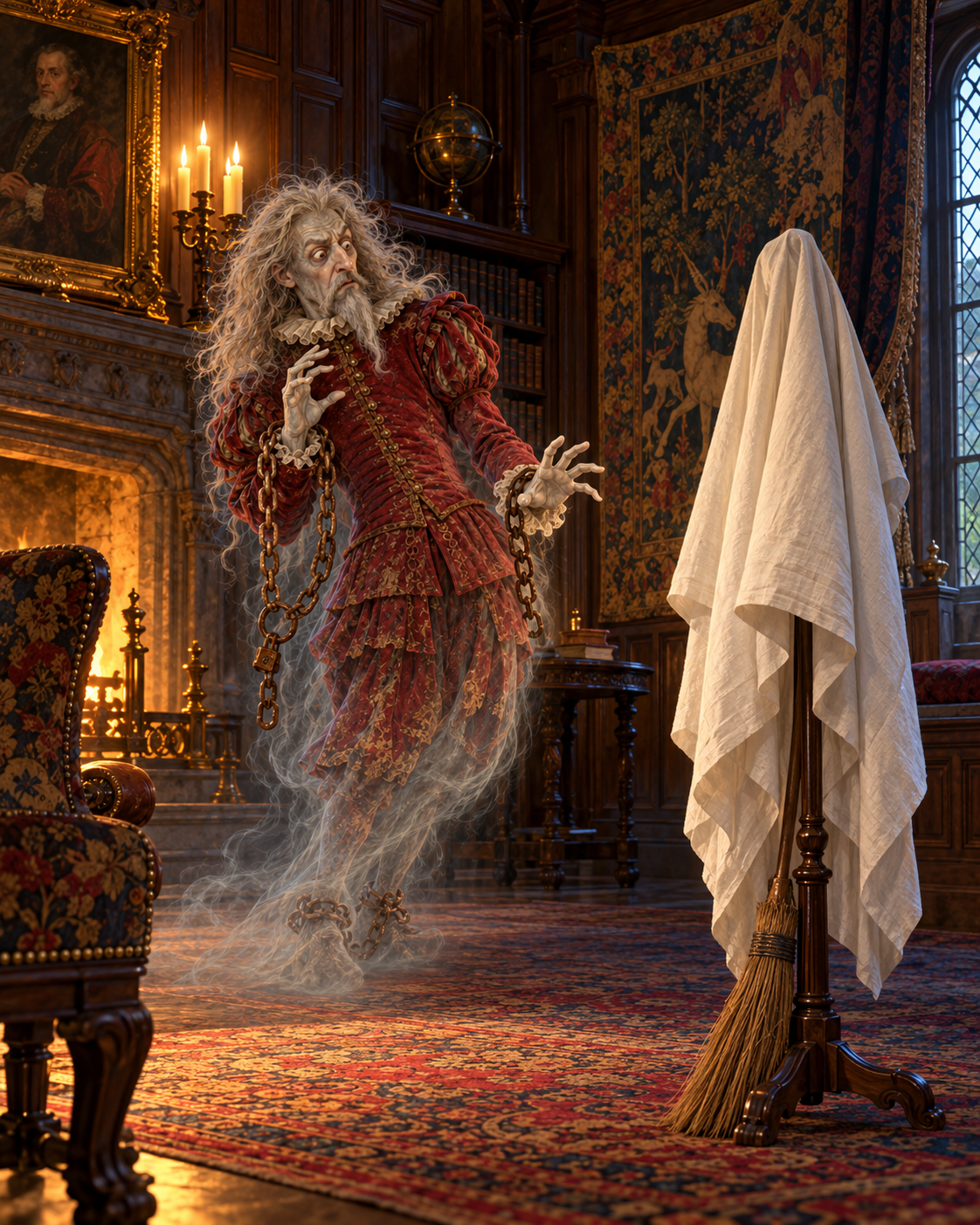Simon recoils from a sheet draped over a broom on a stand; prop clearly inanimate. No twins visible.
