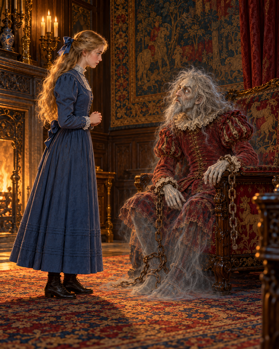 Virginia standing firmly opposite seated Simon in tapestry room, his defensive hand lowered.