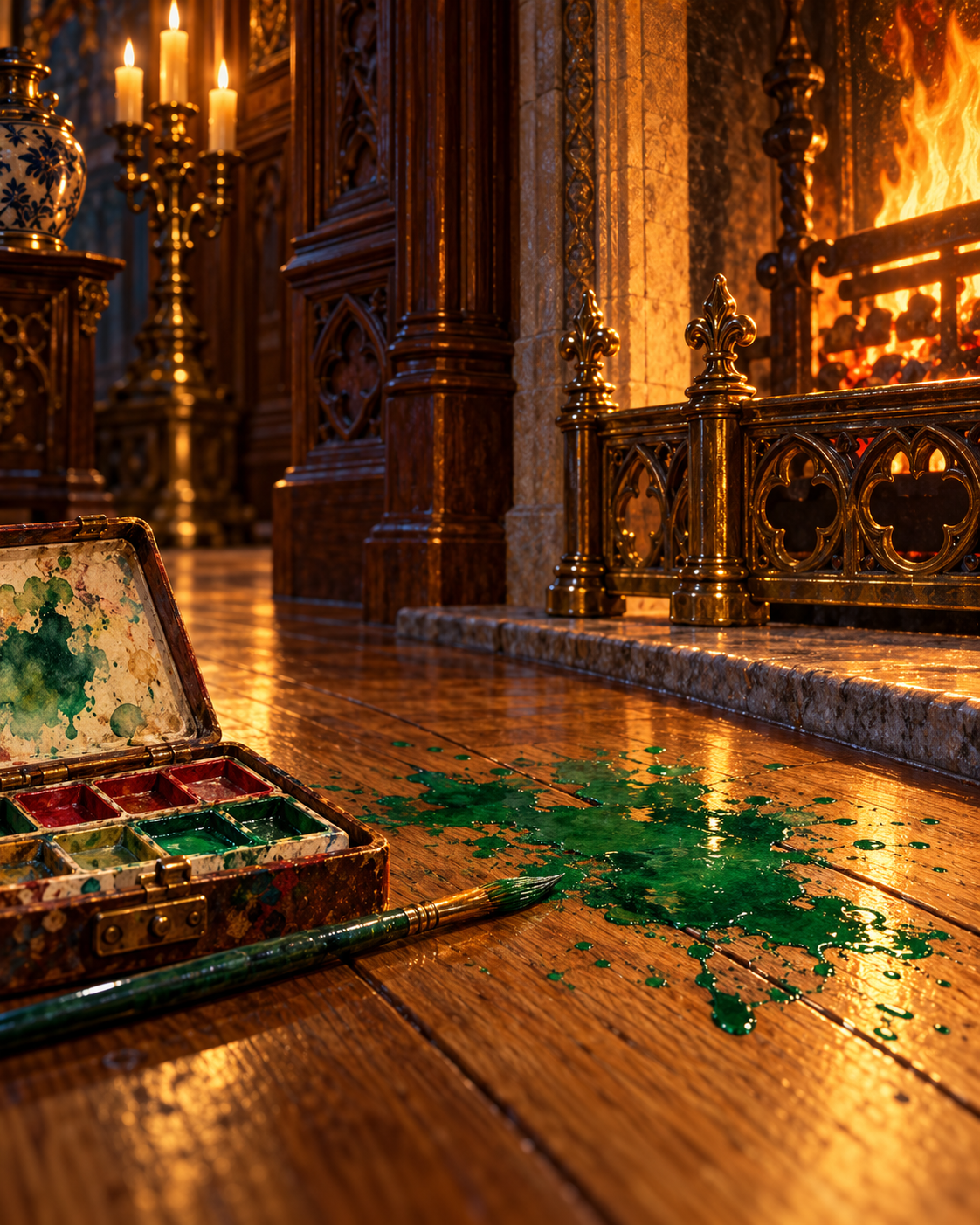 Close view of green stain beside the fireplace and open paintbox; depleted red pans. No people.