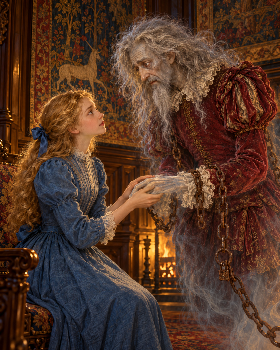 Close view of Virginia taking Simon’s translucent hand; their faces in upper frame, tapestry behind.