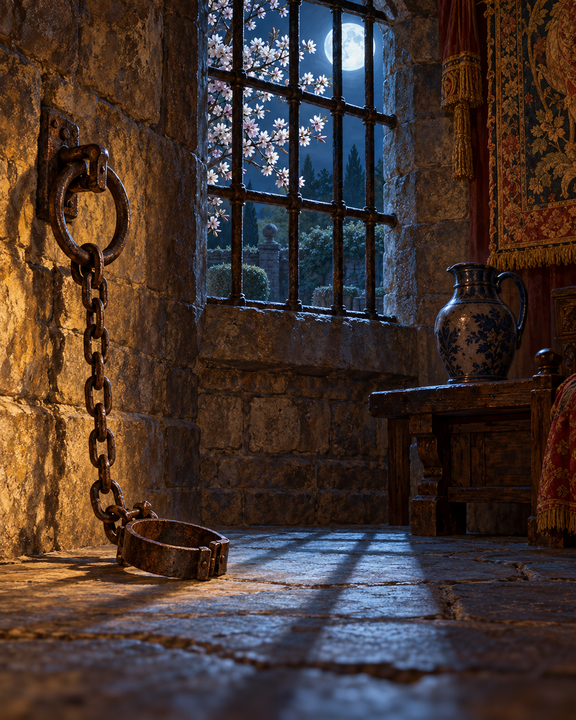 Stone chamber still life: empty iron shackle attached by short chain to wall ring, water jug visibly beyond maximum chain reach. Through small barred window, pale almond blossom in moonlight. No skeleton, people or ghost.