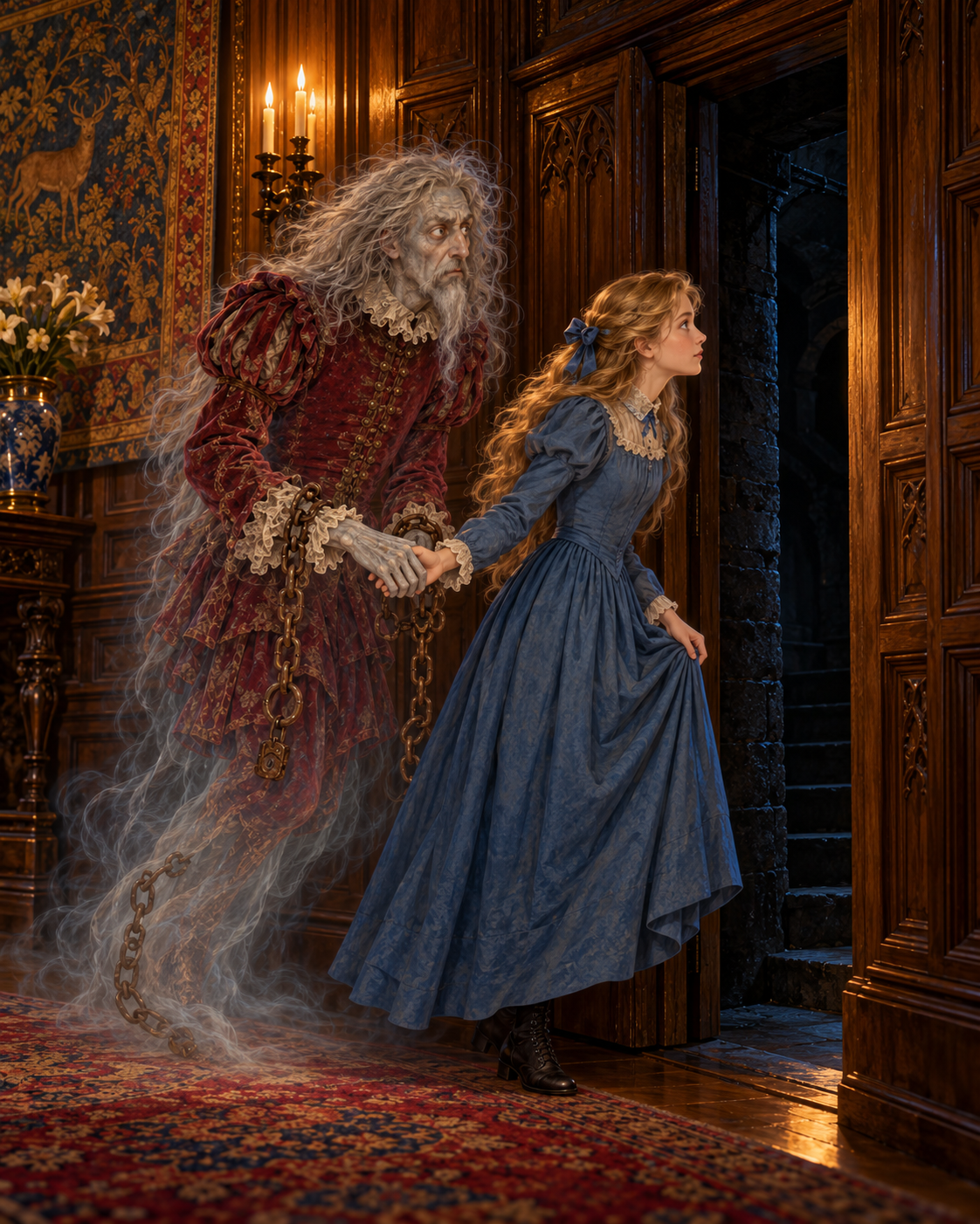Virginia and Simon at a newly open black passage in oak panelling, hands joined. No other figures.