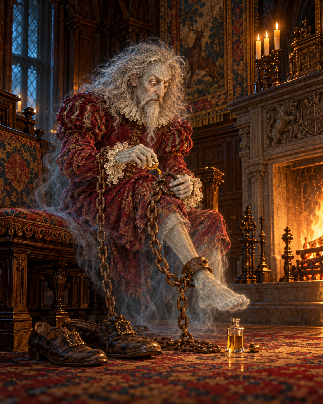 Simon seated alone oiling an ankle chain, old shoes beside him, replacement oil bottle on floor.
