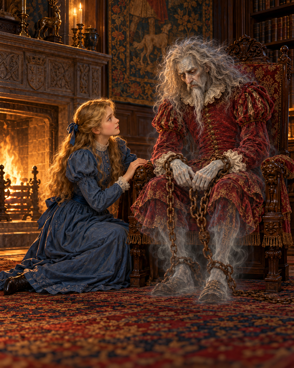 Virginia kneels beside Simon’s chair, listening; Simon looks down at his chained hands.
