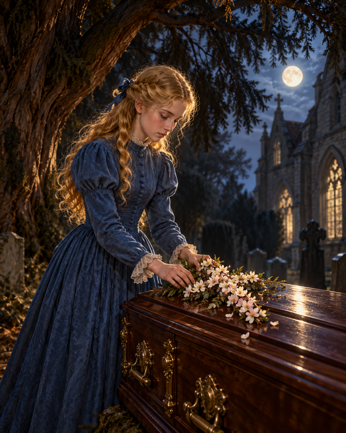 Virginia placing a cross of pink and white almond blossoms on a closed coffin at moonlit churchyard, yew tree behind; no crowd.