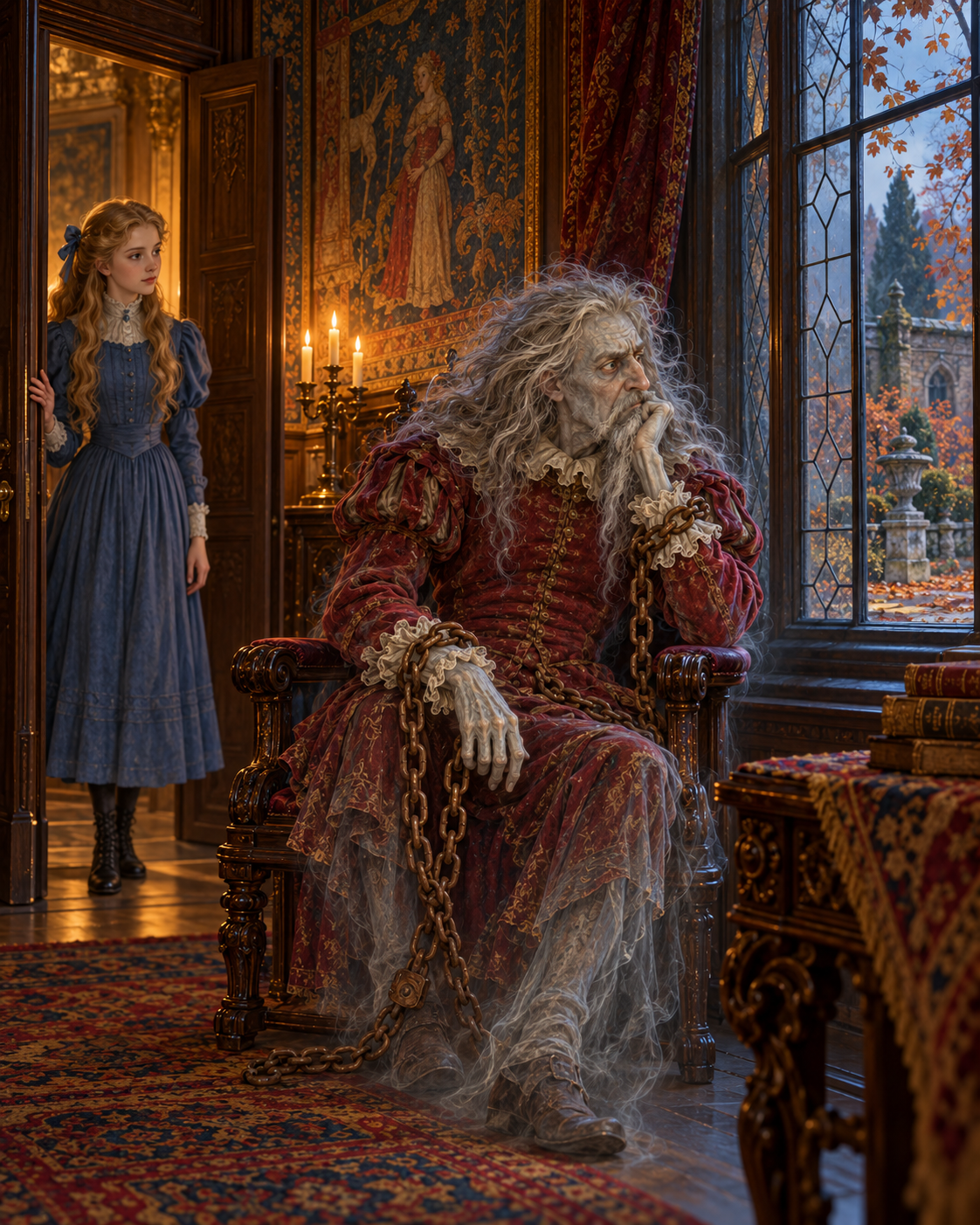 Virginia at tapestry-room doorway; Simon seated at window overlooking fallen autumn leaves.