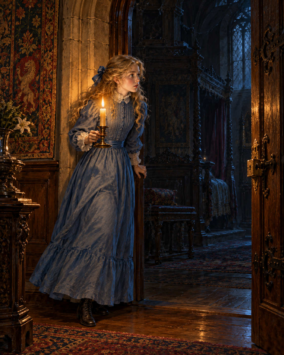 Virginia stands at the open stone-chamber doorway at midnight, holding a candle toward the dark interior; no ghost or family in frame.