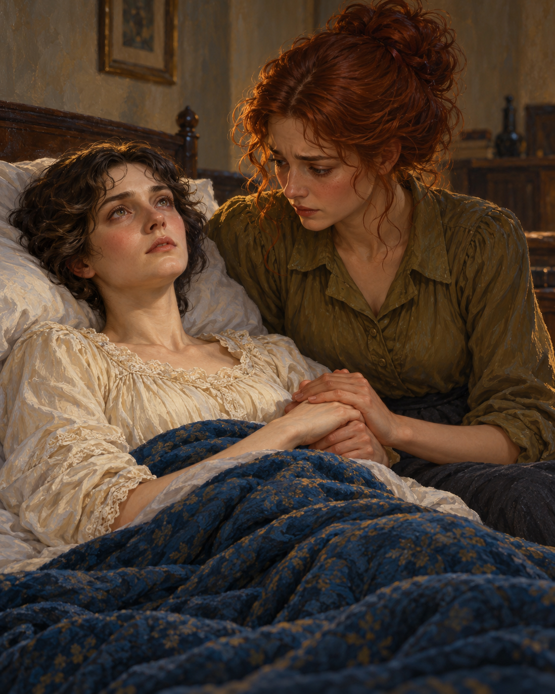 Sue holding Johnsy’s hand beside bed, afternoon light, restrained expressions.