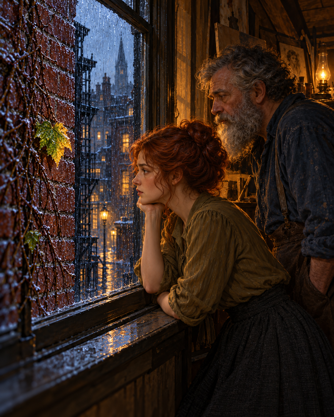 Sue and Behrman at attic window studying the bare-looking ivy in dusk and sleet; distant leaves indistinct, bed outside frame.