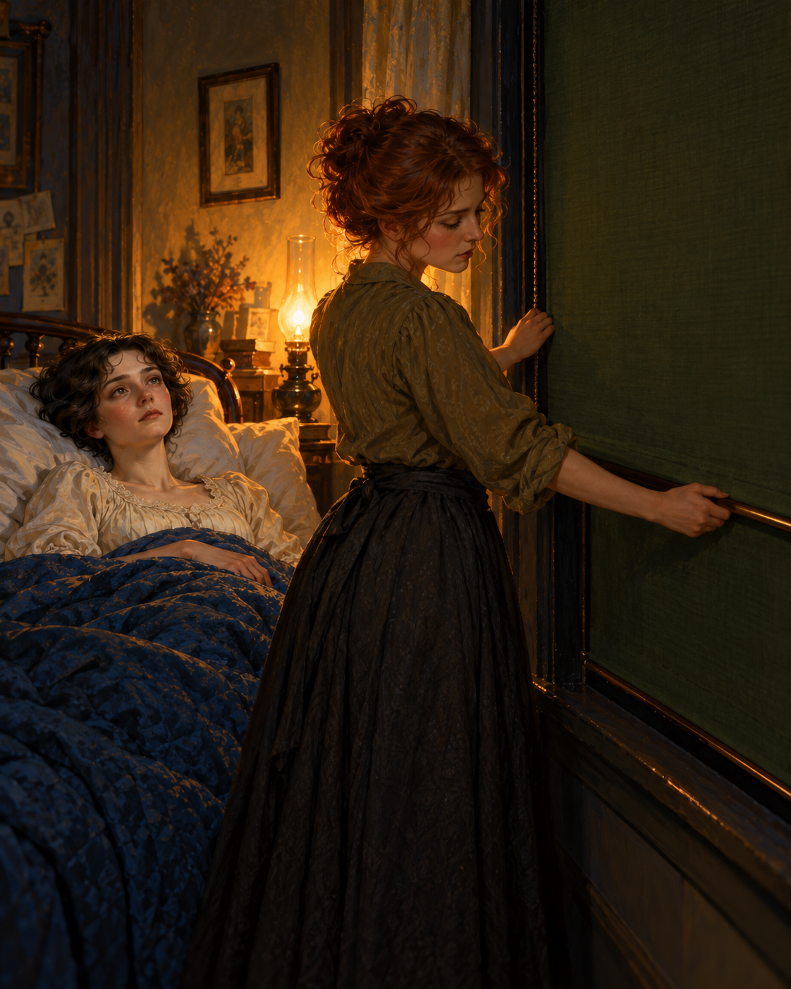 Sue holding lowered green blind against window frame; Johnsy awake in bed.