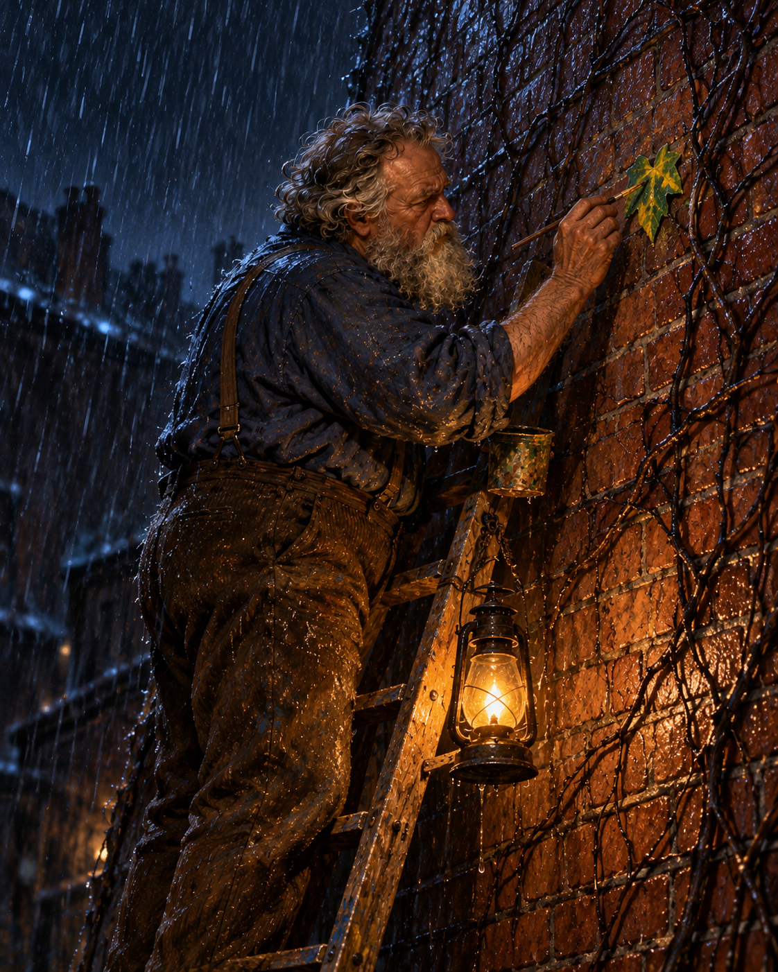 Explicit retrospective scene, first storm night: Behrman on secured ladder reaching with brush to paint one green-and-yellow ivy leaf on brick wall; lantern tied to ladder; rain and bare real vine.