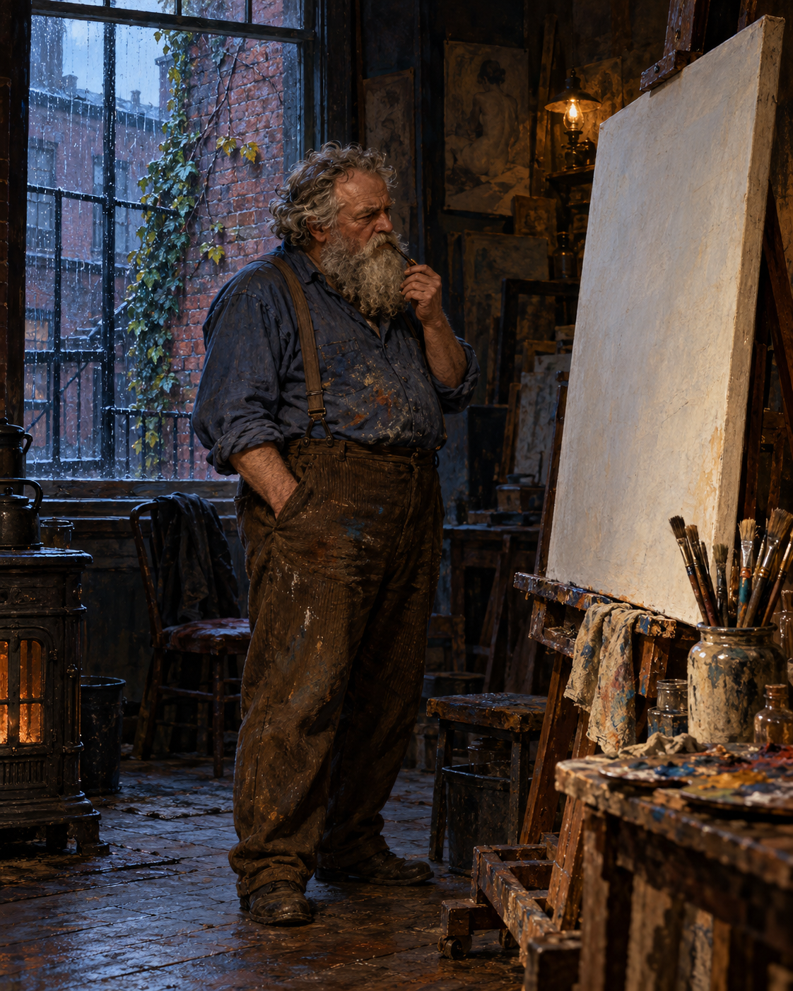 Behrman beside an untouched canvas in his dim ground-floor studio, brushes in a jar.