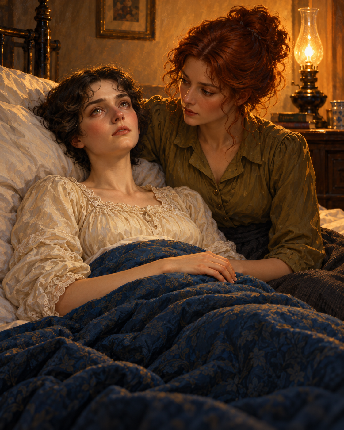 Sue seated close to Johnsy at bed, daylight fading at window.