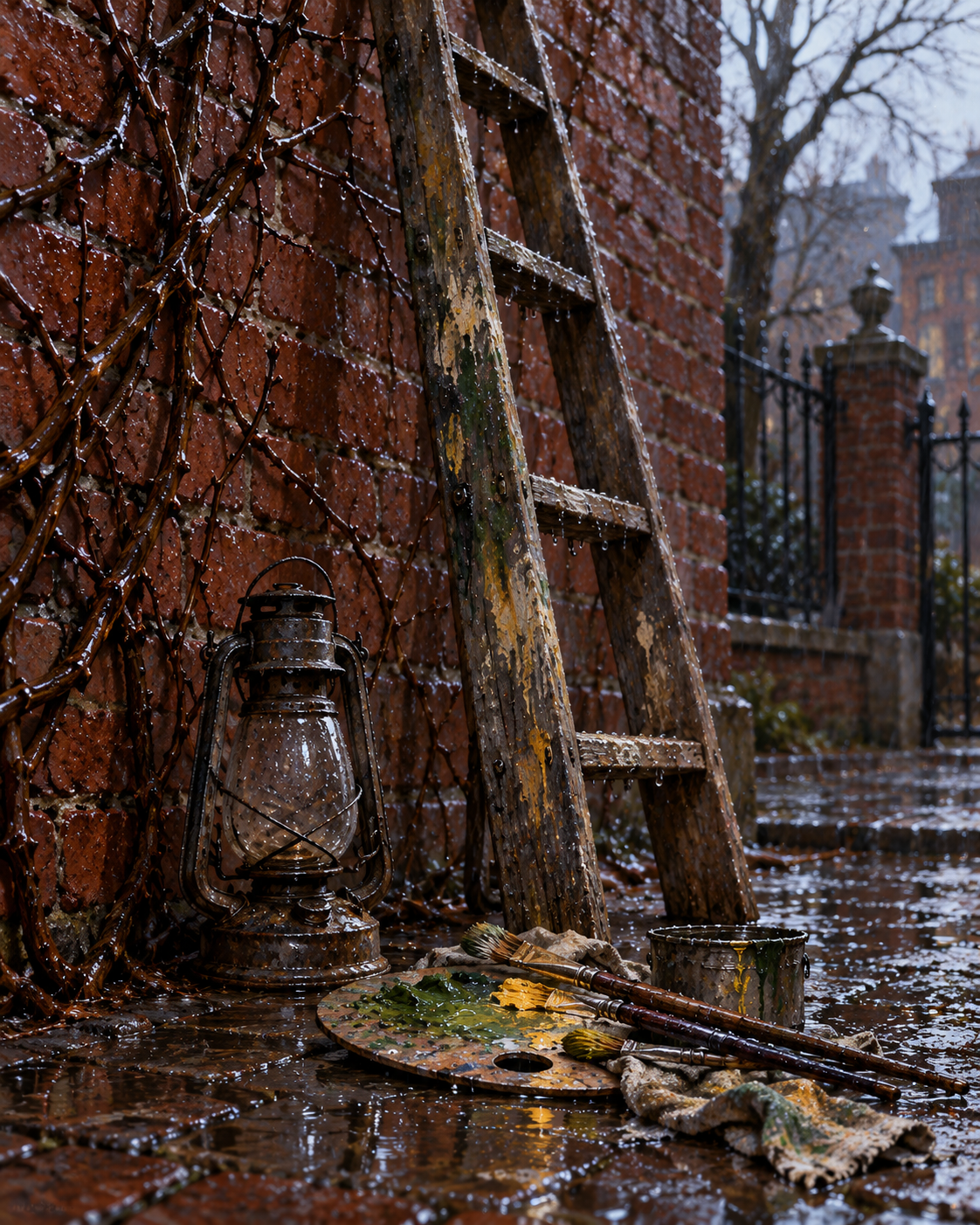 Still life in courtyard: ladder leaning against brick wall, extinguished lantern, green-and-yellow paint palette and brushes.