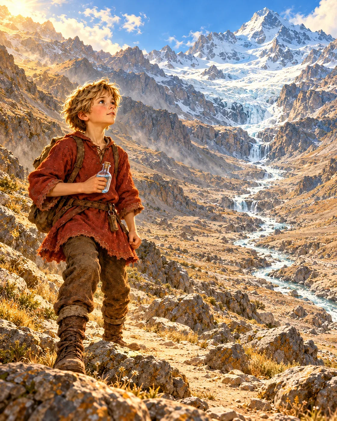 Gluck at the foot of the mountain, holding one small full flask against the high distant river. His hopeful face and water level are clear.