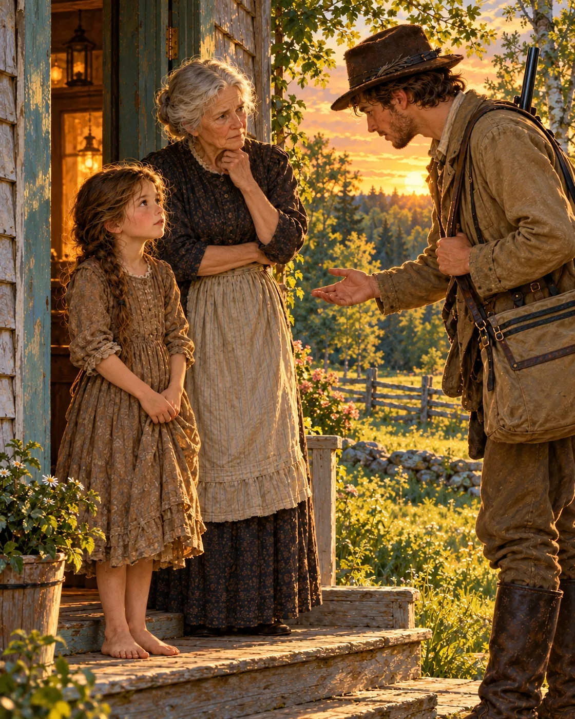 Farmhouse doorway at evening: Sylvia beside her grandmother, hunter making his offer. Focus on the child listening; gun resting well away from her.