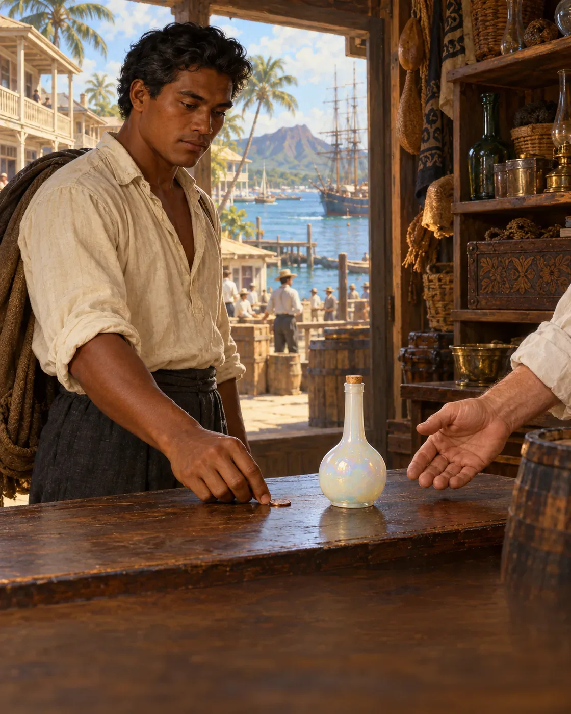 Honolulu interior. Keawe places one copper coin beside the bottle; only the relieved seller’s hand enters frame.