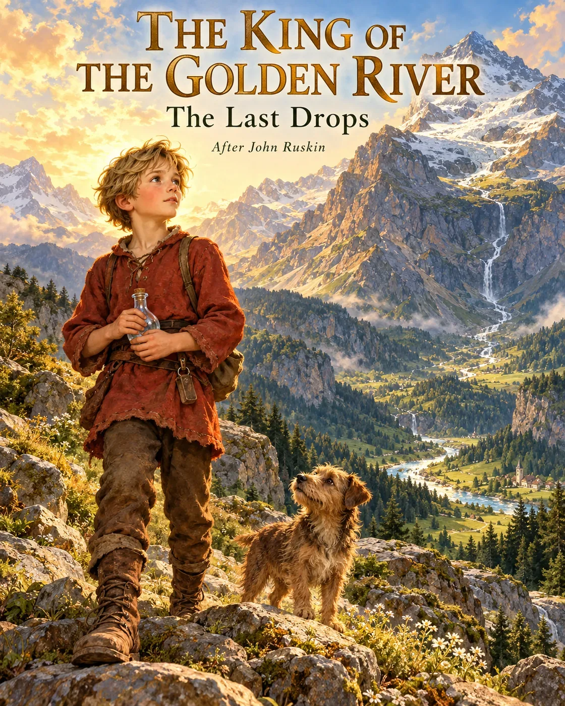 Gluck holds a small flask against a vast sunlit mountain, tiny ordinary dog lower in frame, distant ribbon of river above. Golden light but no literal molten-gold river. Luminous storybook illustration, readable title in upper third.