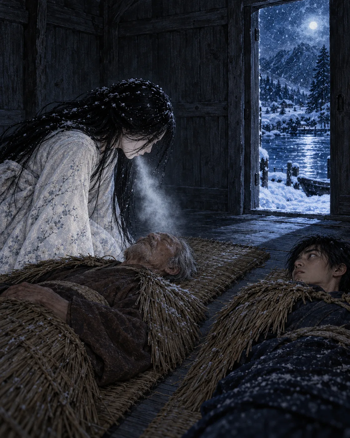 Inside windowless hut: Snow bends over Mosaku beneath straw cape, Minokichi watching from adjacent mat. Face hidden by hair; one white breath plume.