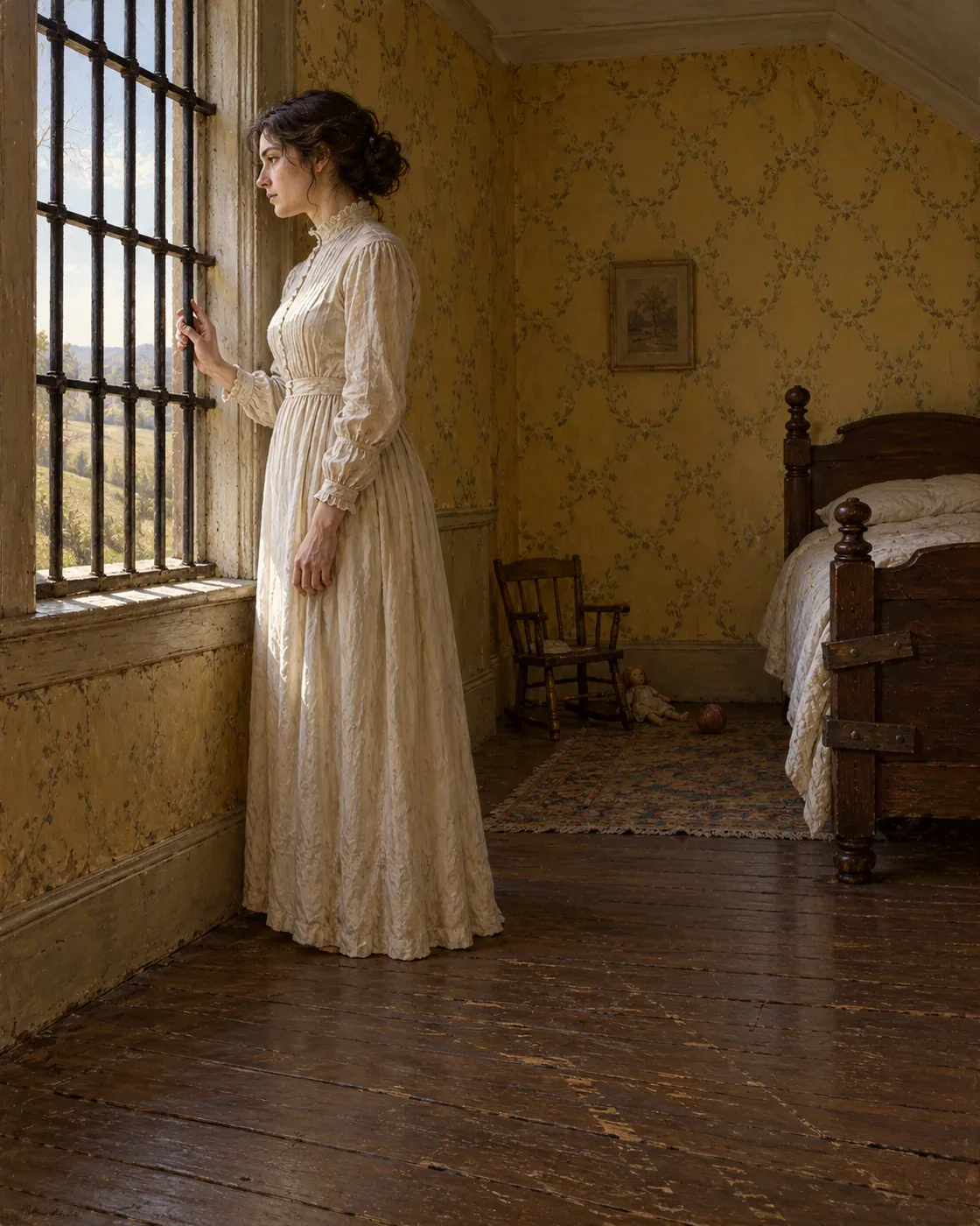 Narrator stands beside barred nursery window, fingertips resting on a bar; daytime.
