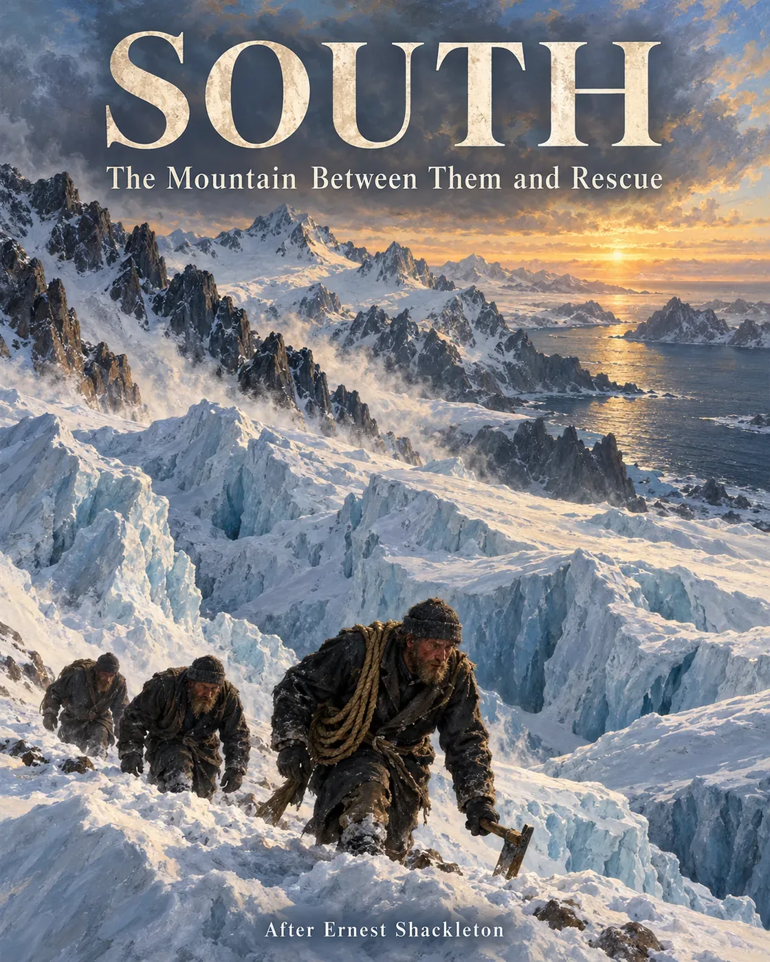Three tiny exhausted figures beneath an immense broken ice ridge, warm pinprick of settlement far below. Restrained illustrated historical realism, no modern gear. Title legible, no impossible close-up ship behind the climbers.