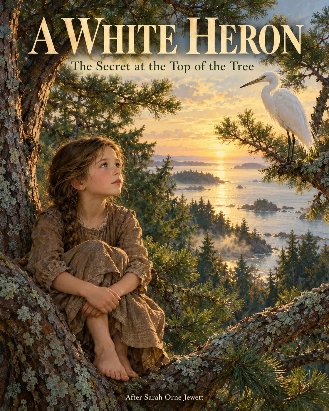 Sylvia small among towering pine branches, one white heron against pale dawn beyond. Intimate, luminous woodland painting; avoid dangerous-climb spectacle as a how-to. Title high, readable at feed size. Do not disclose the final decision.