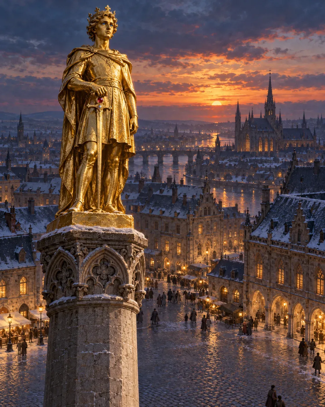 Gold-covered statue above the square at dusk; both blue eyes and red sword jewel intact.