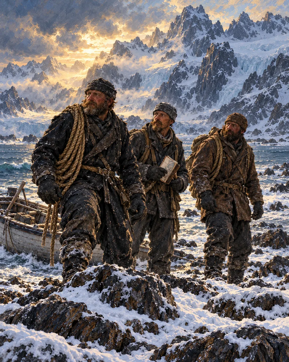 Three weathered men on desolate South Georgia shore, small boat behind, immense ridges ahead.
